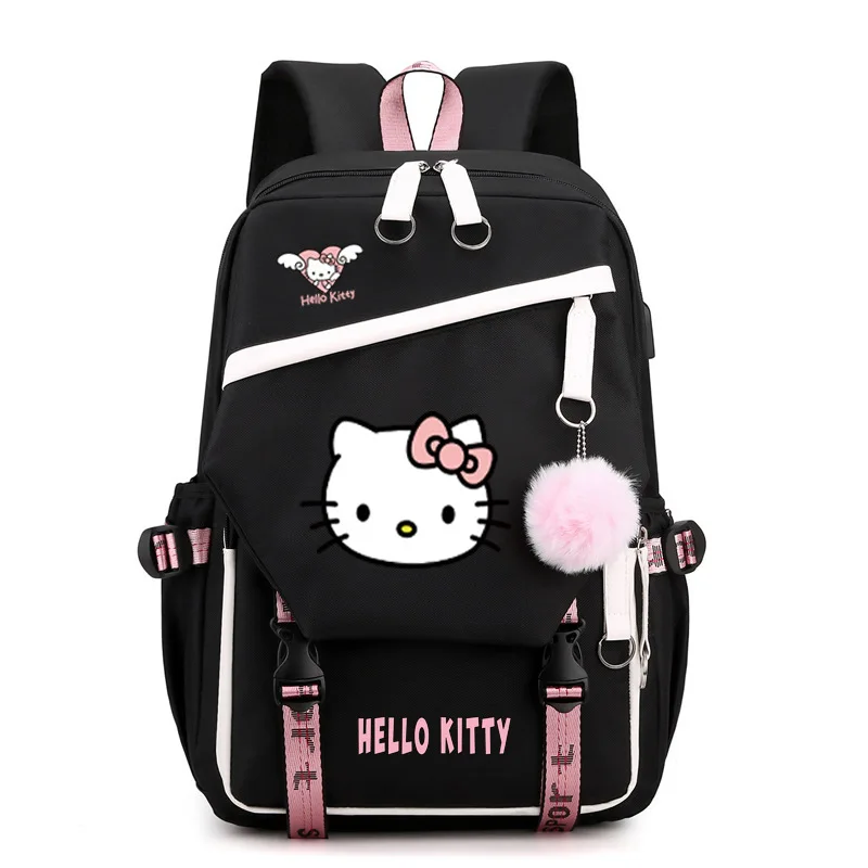 MINISO-Sac à dos Hello Kitty pour femmes et filles, sac à dos étudiant, USB, dessin animé, grande capacité, à la mode et de haute qualité, nouveau