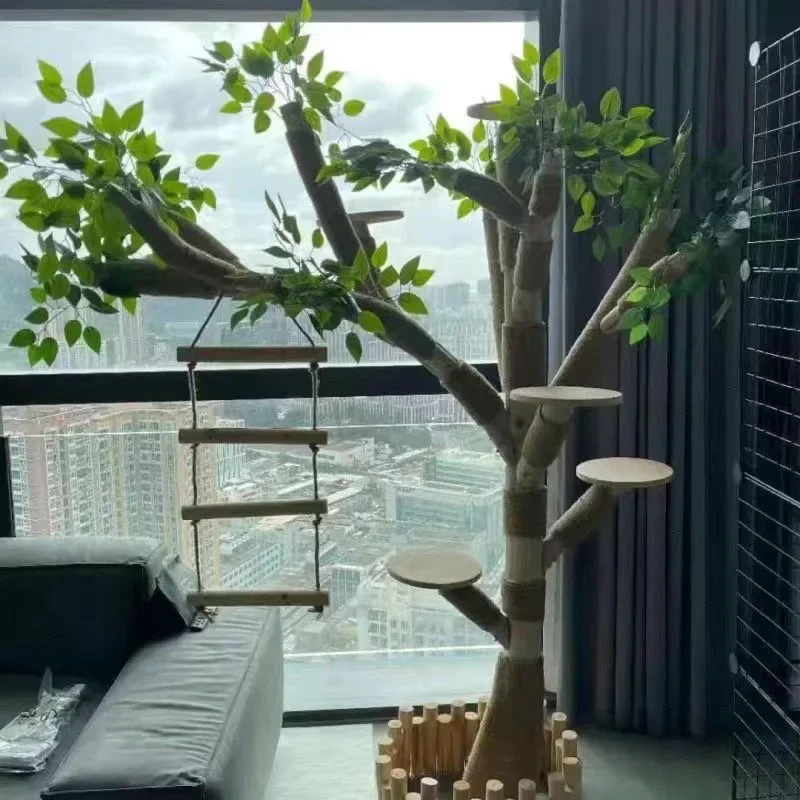 Solid Wooden Cat Bed of The Cat Climbing Frame Integrates Toy Scrapers That Are Wear-resistant and Hemp Rope Tracks