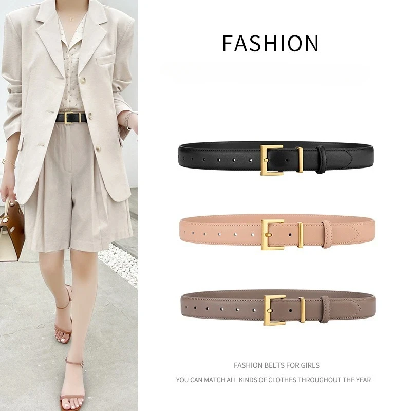 Luxury Simple Design Cowhide Belt for Women Jeans Casual Dress Metal Buckle Ladies Thin Belts Fashion Waistband Free Size