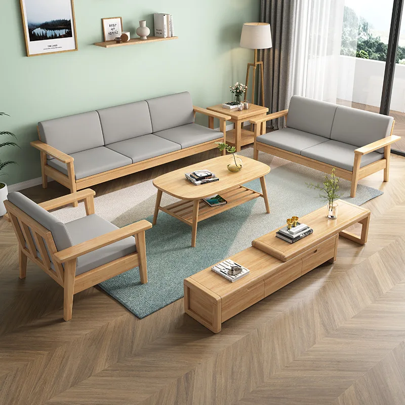 Log wind solid wood sofa combination Nordic living room simple modern small apartment winter and summer dual-use