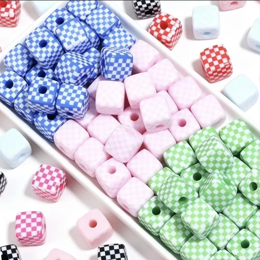 10/20pcs Colorful Acrylic Square Spacer Beads Checkerboard Straight Hole Loose Beads For Jewelry Making DIY Phone Chain Keychain