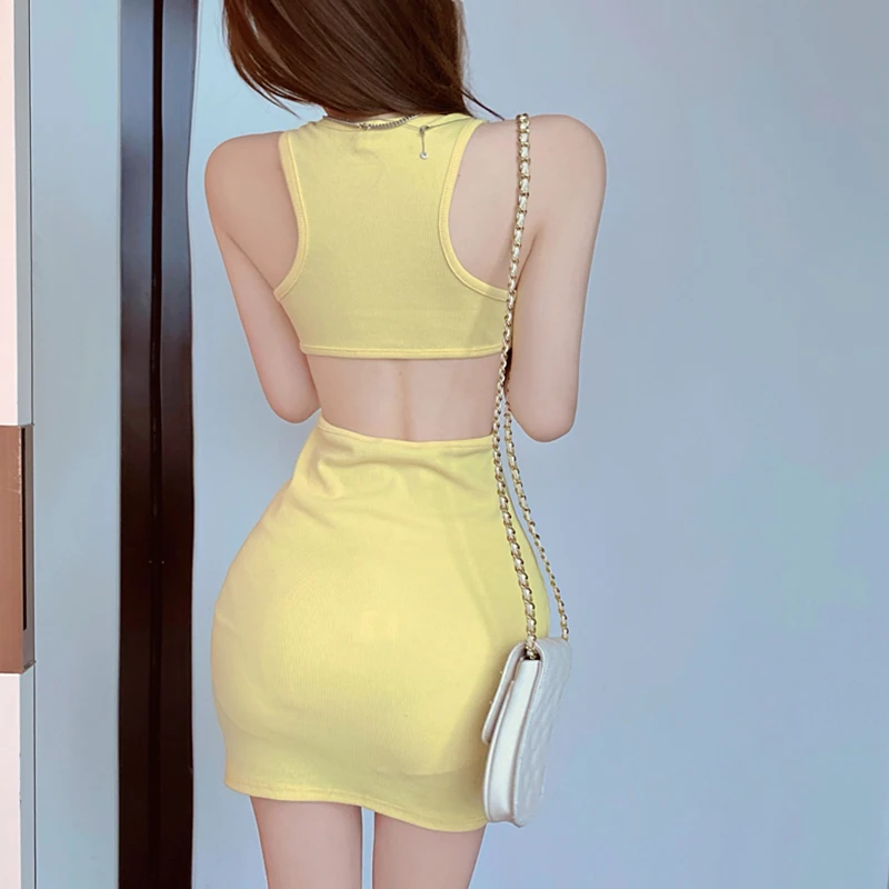 Elegant Solid Hollow Women Ins Backless Sexy Wrapped Dress Summer Waist Cut-Out I-Shaped Mini Dresses