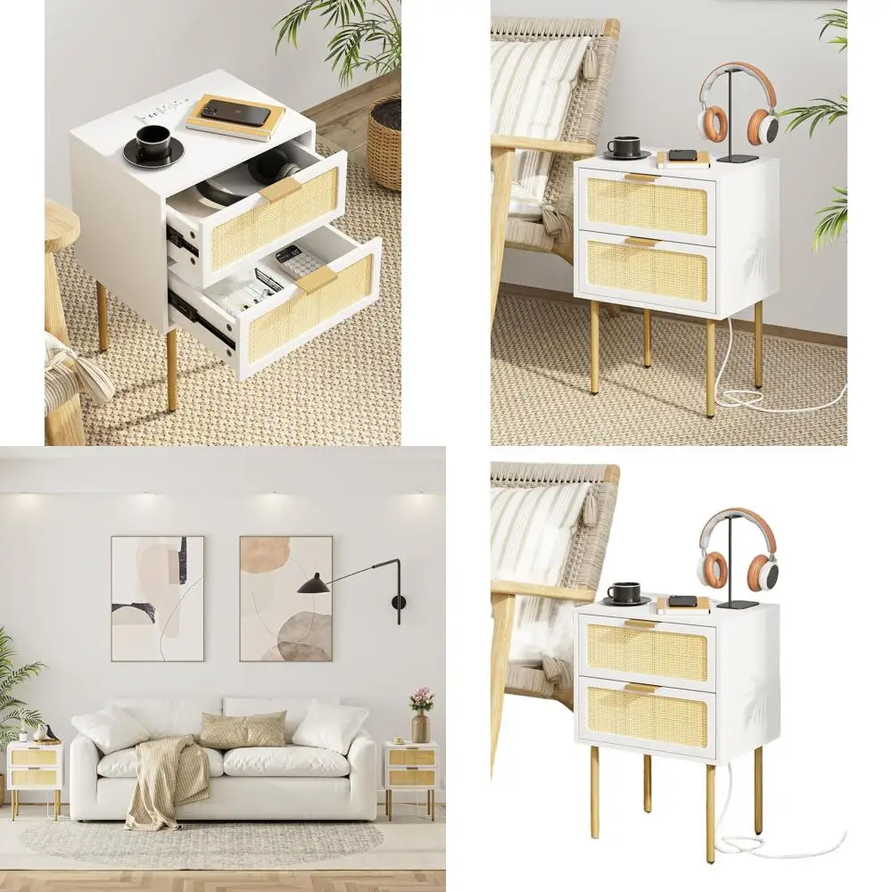 

Bedroom Rattan Nightstand with 2 Drawers, Charging Station, and Gold Frame for Living Room (White)