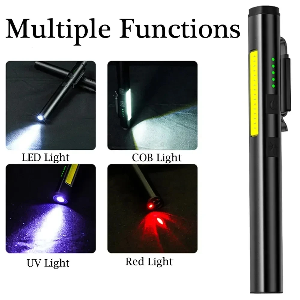 Multifunctional 4 in 1 LED Flashlight Portable Type-c Rechargeable Pen Clip Work Light UV Light COB Lantern Camping Car Repair