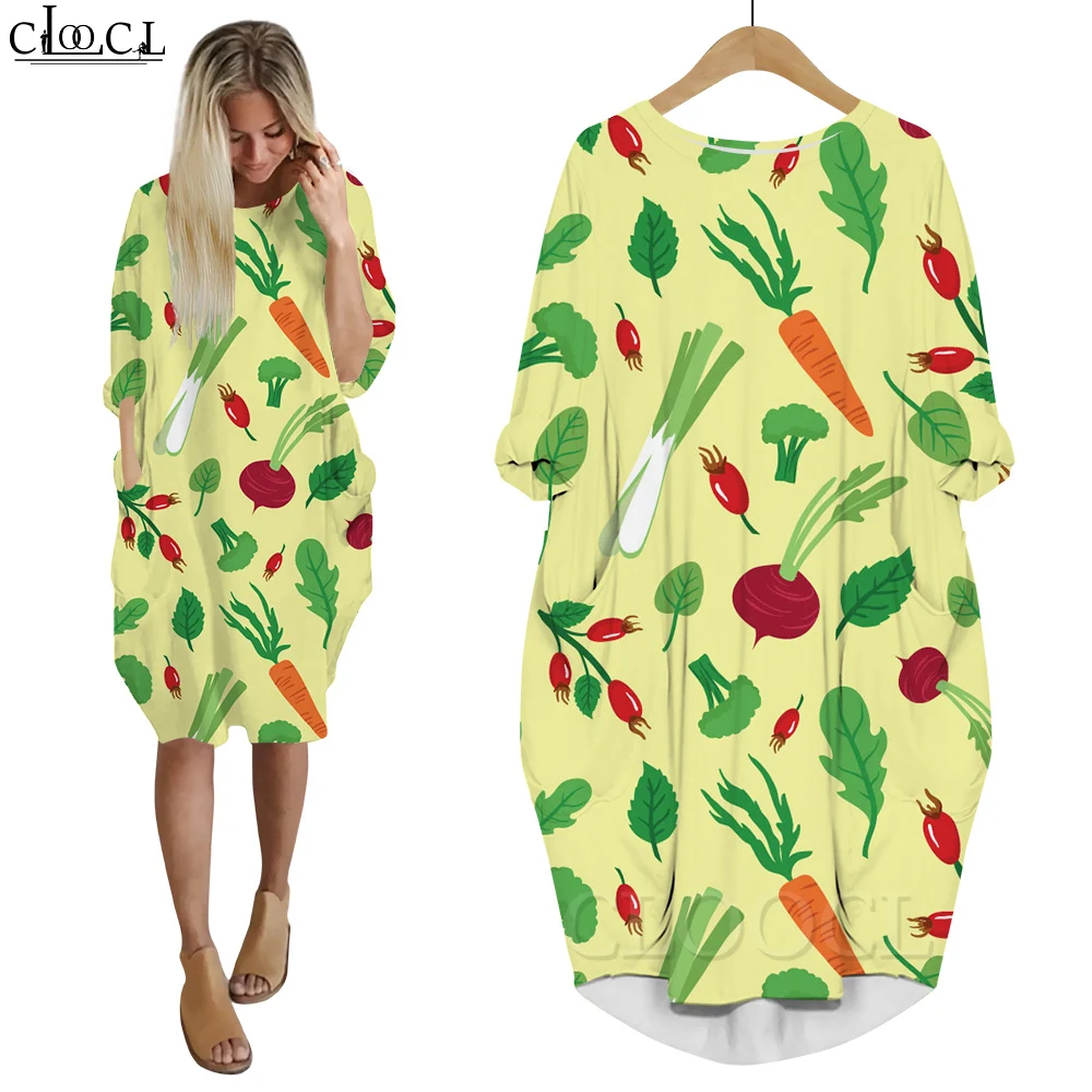 CLOOCL Women Dresses for Thanksgiving Long Sleeve Pullover Tomato Carrot and Vegetable Leaves Pattern 3D Printing Dresses