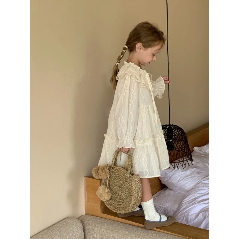 Girls Dress 2023 Spring Autumn Baby Lace Collar Dress Sweet Style Long Sleeved Princess Solid Color Casual Simple Sweet Dress