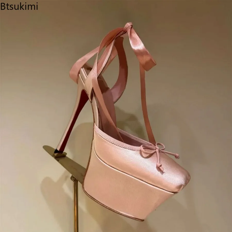 

New 2025 Woman's Lace-Up High Heeled Shoes Square Toe Thin Heels Platform Pumps Mujer Pleated Slingback Wedding Luxury Sandals