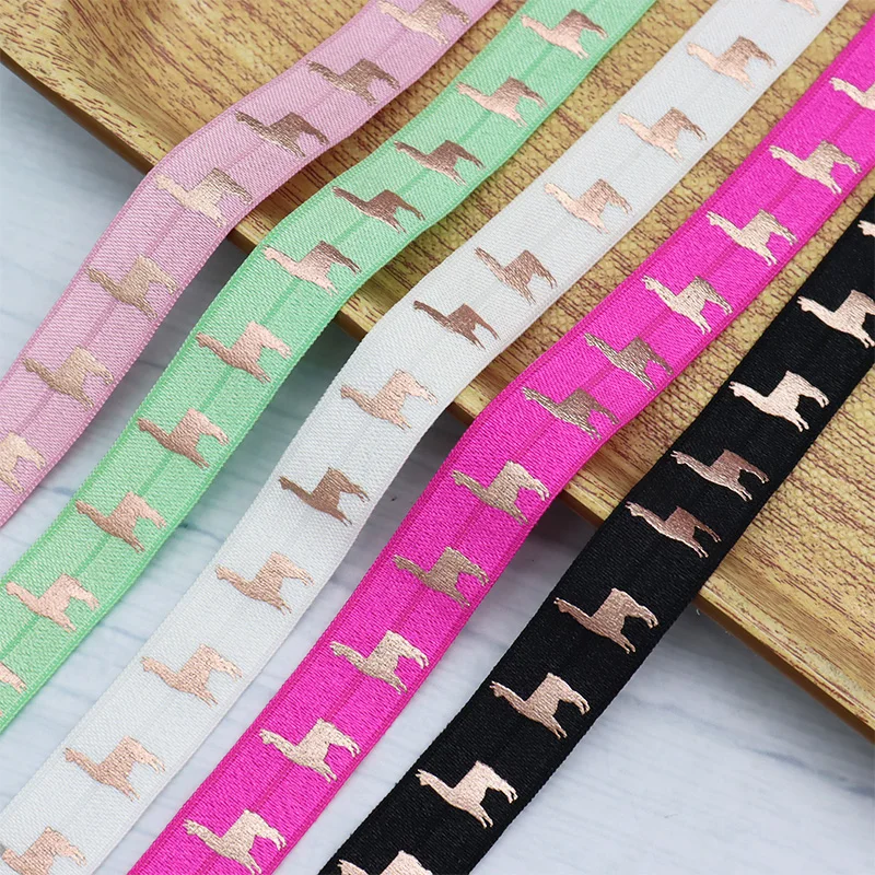 

5/8" 15mm Pink Gold Foil Alpaca Llama Printed Fold Over Elastic FOE Ribbon For Headband Hair Ties Hair Accessaries