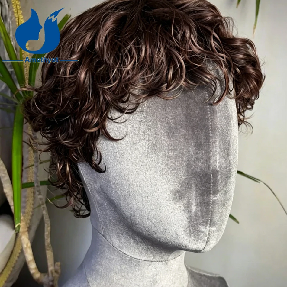 

Amethyst Dark Brown Curly Male Wig #2 Pre-styled 13x6 Lace Front Human Hair Brazilian Remy with Bangs Short Pixie Cut for Men