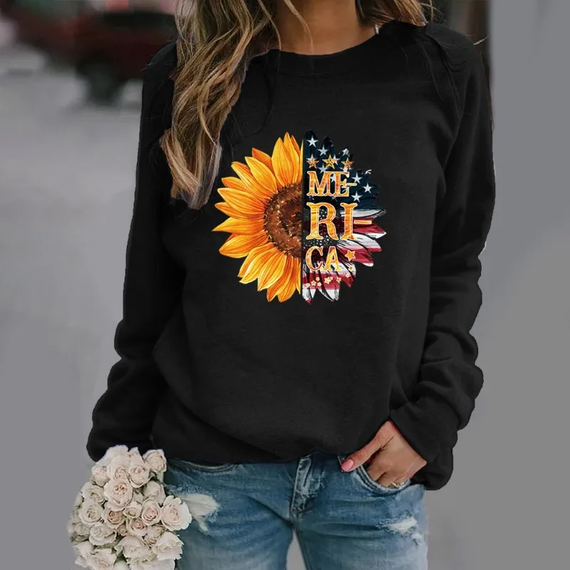 

Sunflower Print Long Sleeve Crew-neck Hoodie Woman Sweatshirt Hoodies Women Aesthetic Sweatshirts Streetwear Women