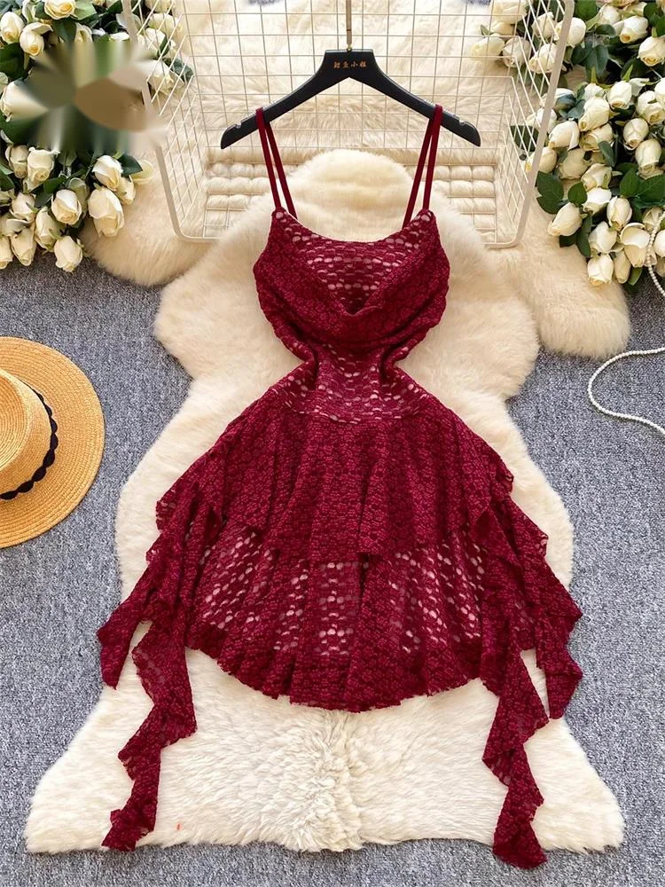 

Lace Embroidery Beach Sundress Swinging Collar Slim Party Vacation Clean Girl Summer Texture Ruffles A-line Mini Dress