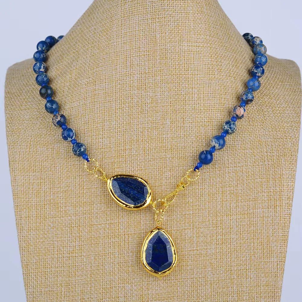 

Blue Sea Sediment Jasper Necklace Natural Lapis Pendant 23''