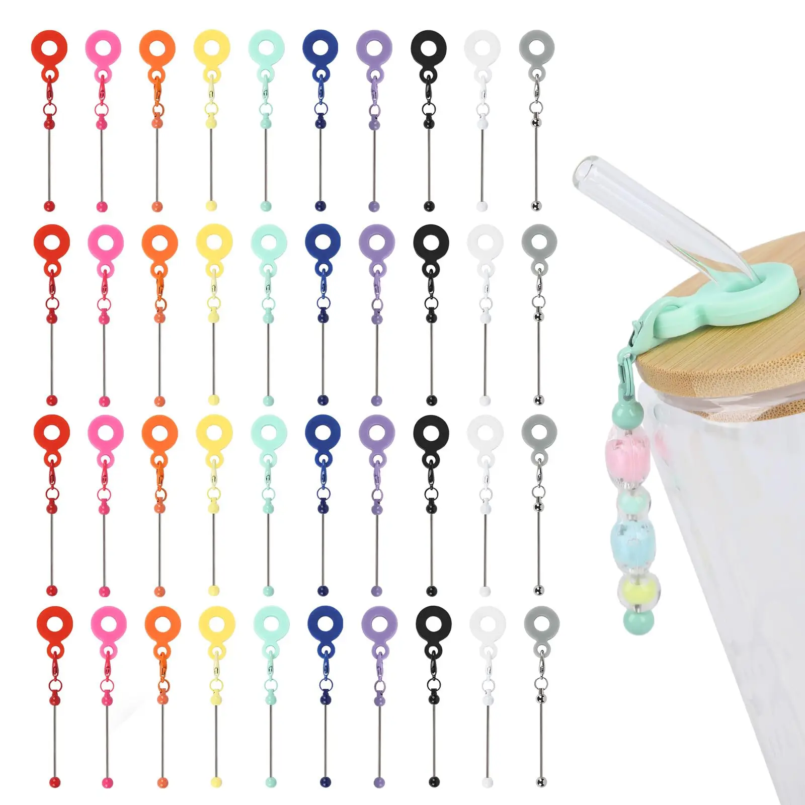 40 Pcs Beadable Straw Charms for Tumblers Adapters Beaded Cup Blank Bar Compatible with Stanley Silicone Pendant Ornament for Cu