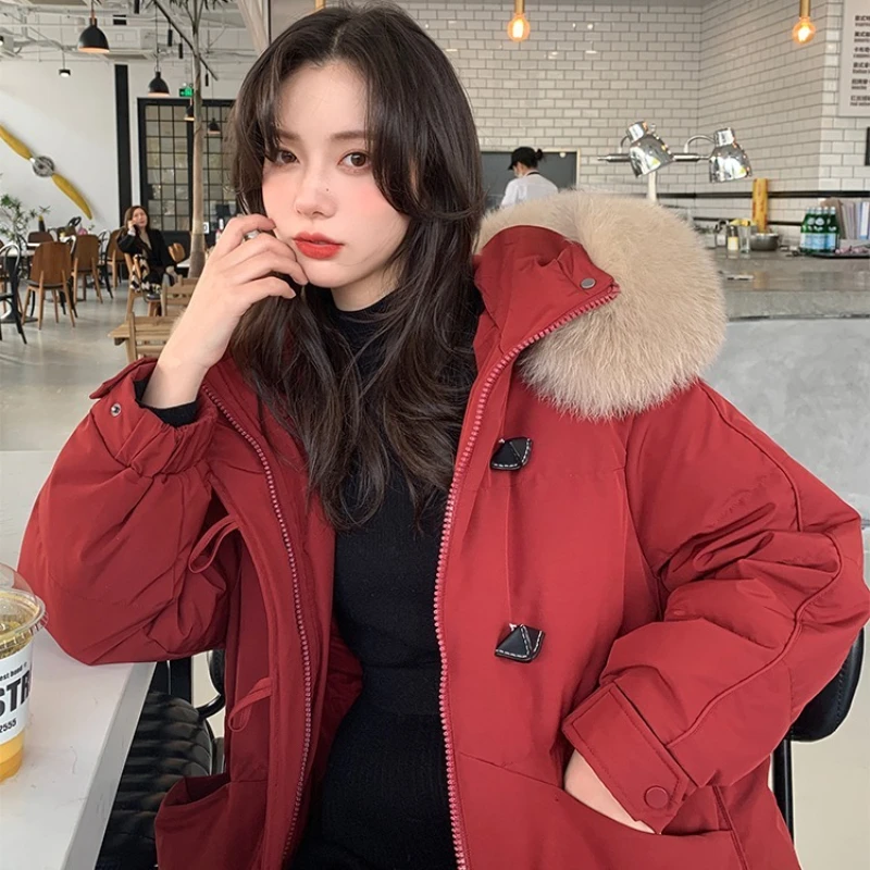 2026 Fashion Casual Down Cotton Jacket New Autumn Winter Korean Version Large Fur Collar Hooded Warm Thick Padded Parkas