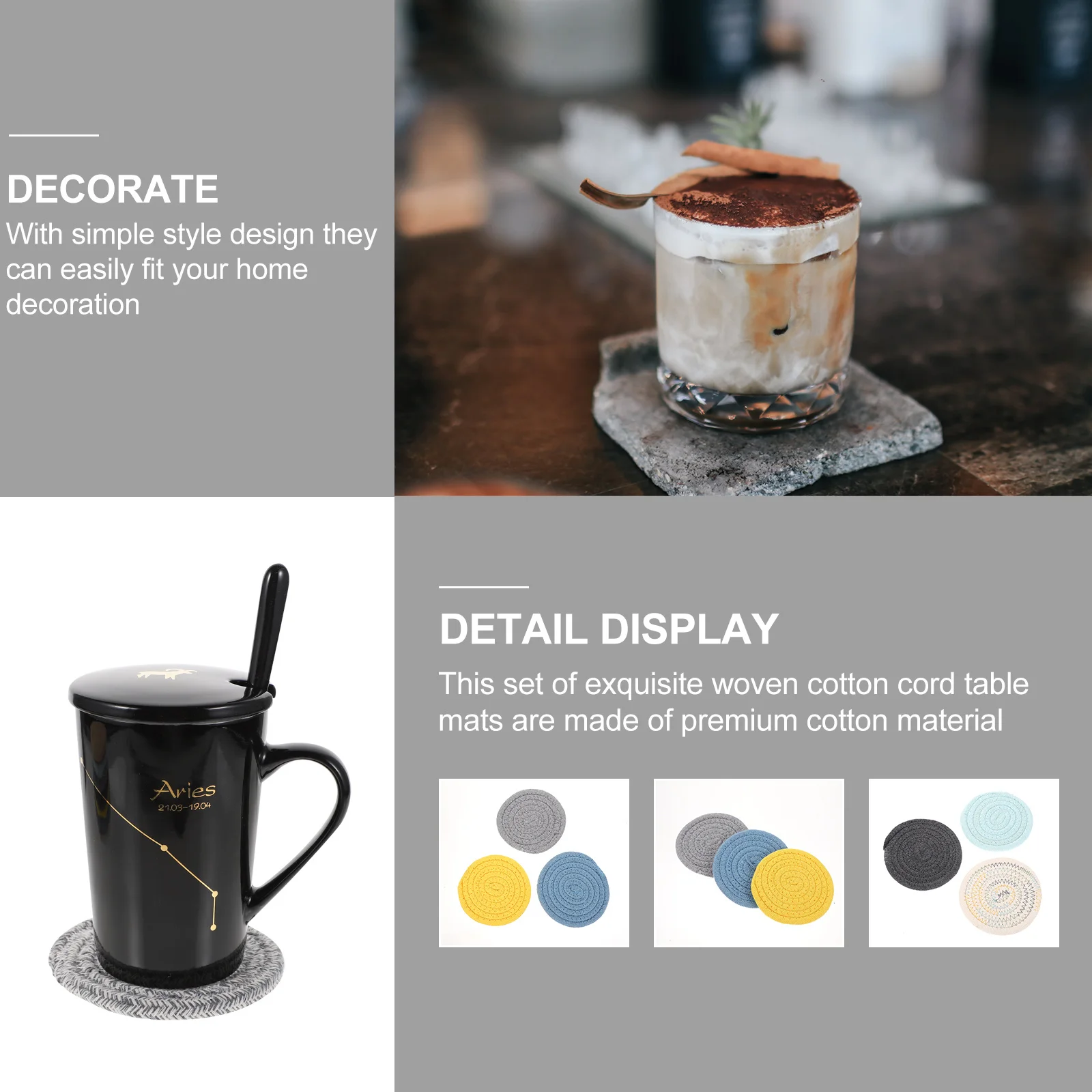 

8Pcs Woven Cotton Coasters Insulation Mats Plates Cup Pads Premium Material Lightweight Practical Useful Table