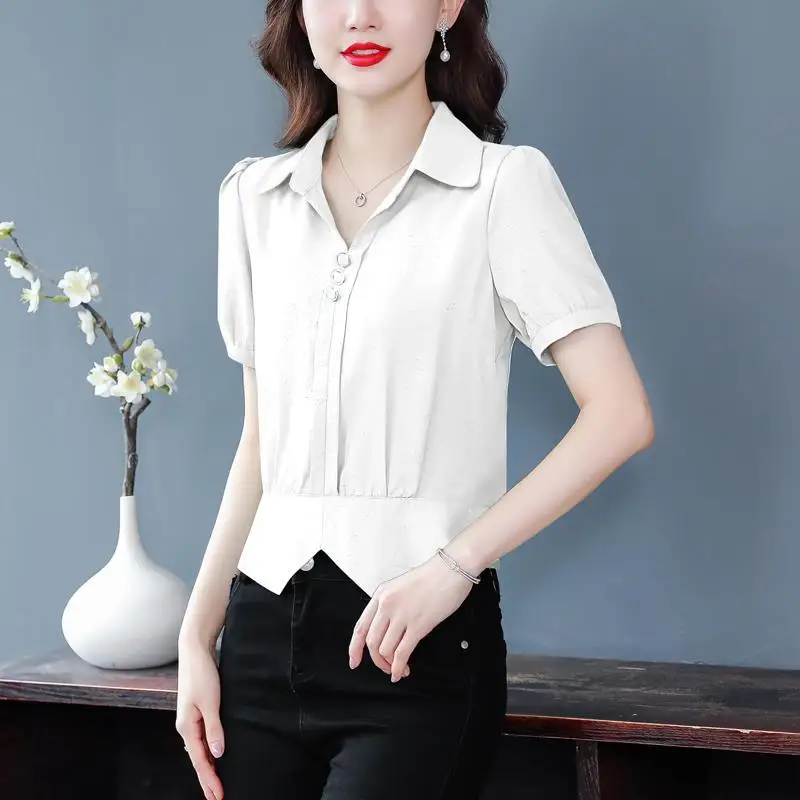 2023 New Solid Color Women\'s Clothing Summer POLO Collar Pleated Draw Back Tops Women Elegant Fashion Casual Chiffon Shirt