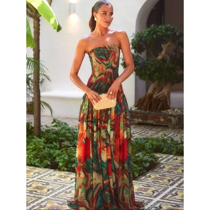 Pleated Waist Strapless Dress Women's New Printed Colorful Long Gown Elegant Fashionable Summer Vacation Party Robe 2026 - view 2