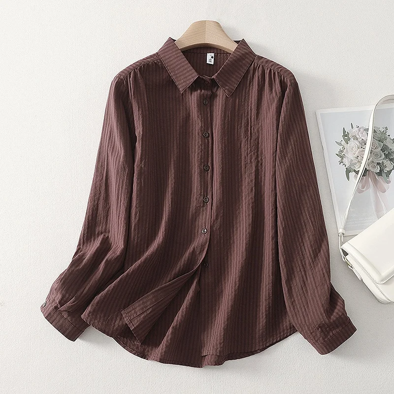 Primavera outono longo sve algodão irt feminino listra camada base vintage aberto cardigan fino cor pura versátil solto ajuste