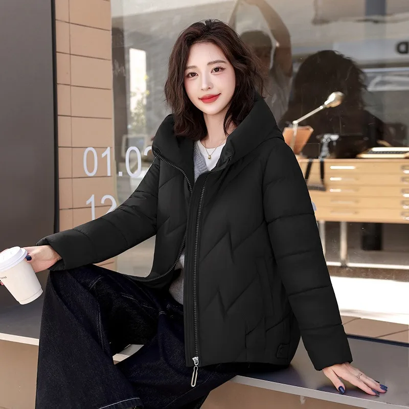 2026 Autumn Winter Fashion Women's Short Cotton Padded Jackets Zipper Solid Thick Loose Korean Edition Hooded Short Cotton Coat