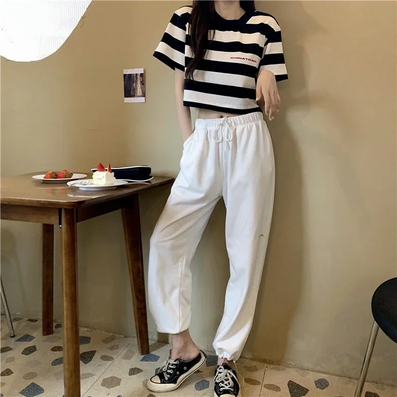 Black White Striped Cropped Top Women Summer New Korean Loose Short-sleeved T-shirt Fashion Egirl Letter Print Oversized Shirt