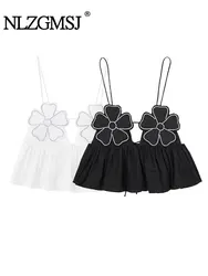 20025 Women Fashion  Rhinestone Floral Poplin Tank Tops Sexy Backless Tied Thin Straps Female Female Camis Top Mujer