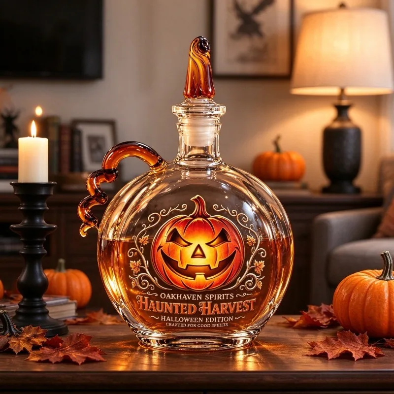Halloween Pumpkin Glass Decanter Haunted Harvest Whiskey Bottle Lead Free Glass Liquor Carafe Home Bar Halloween Party Decor
