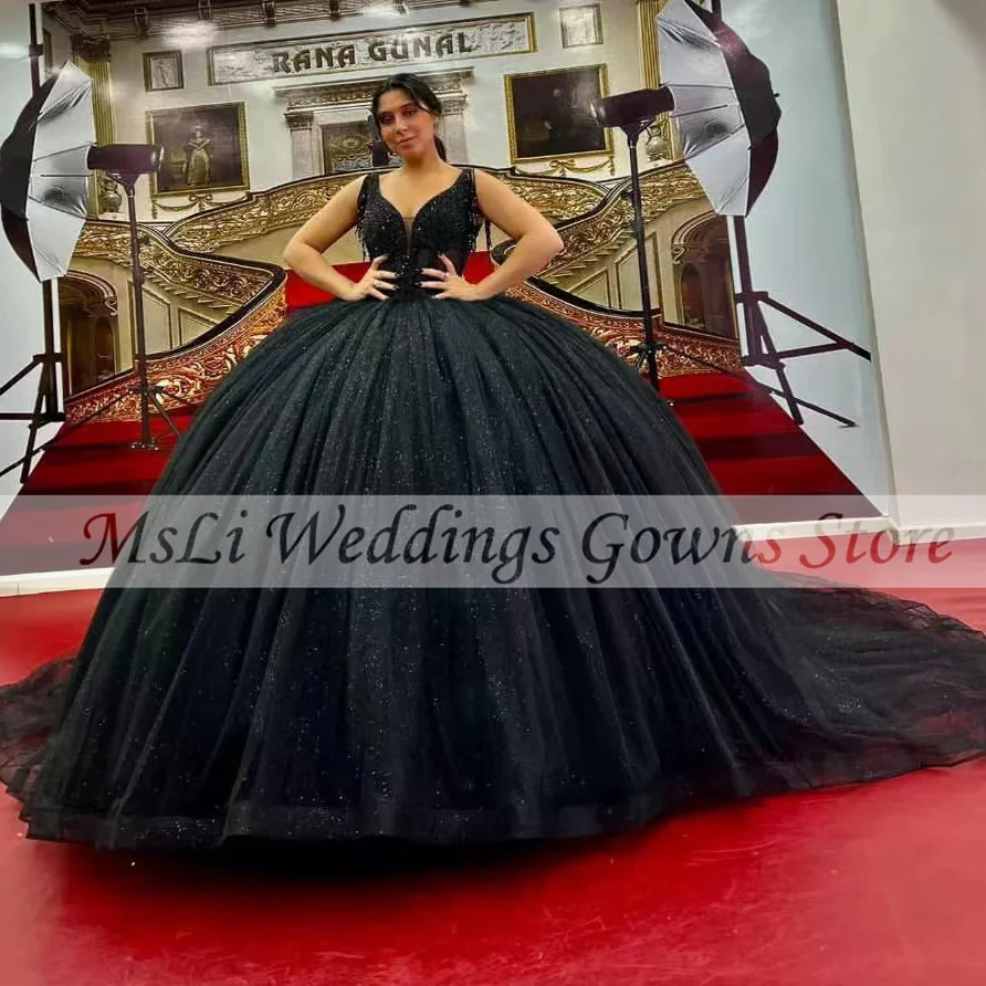 Vestidos de baile negros brillantes para quinceañera, vestidos de lentejuelas sin mangas con cuentas de lujo para graduación y Graduación