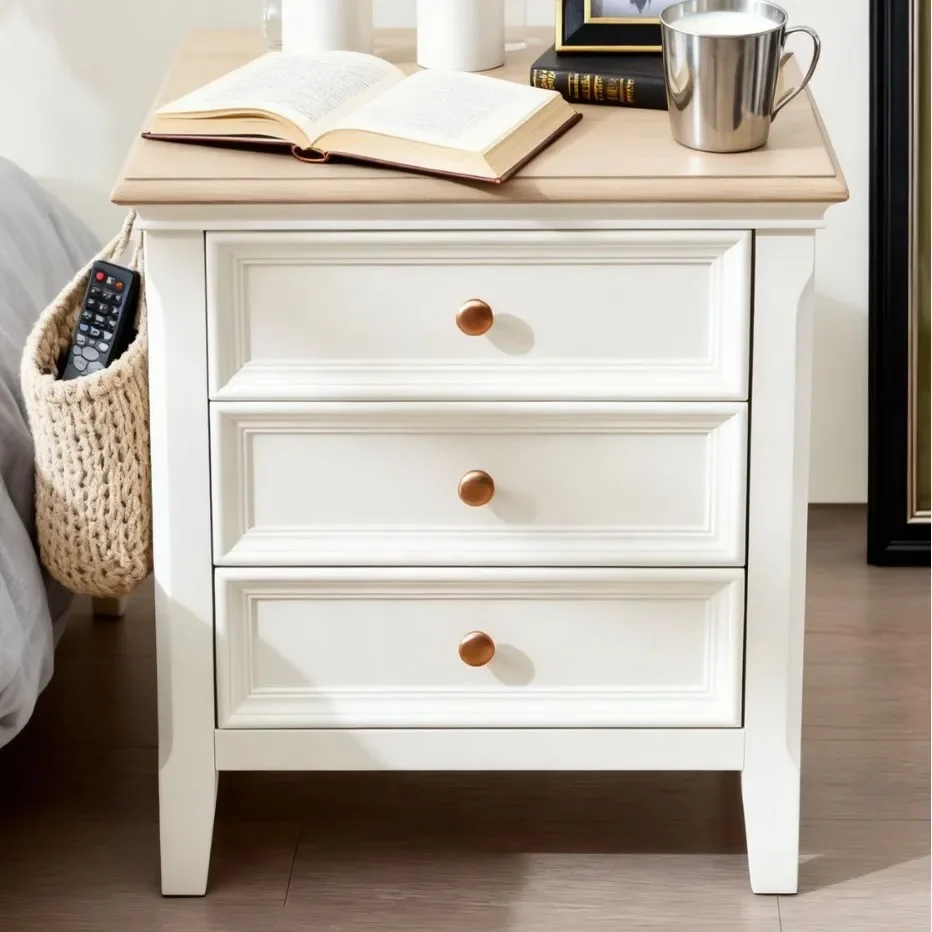 American White Cream Style All Solid Wood Bedside Table Xiaomei Style Walnut Log Three Drawer Bedroom Locker