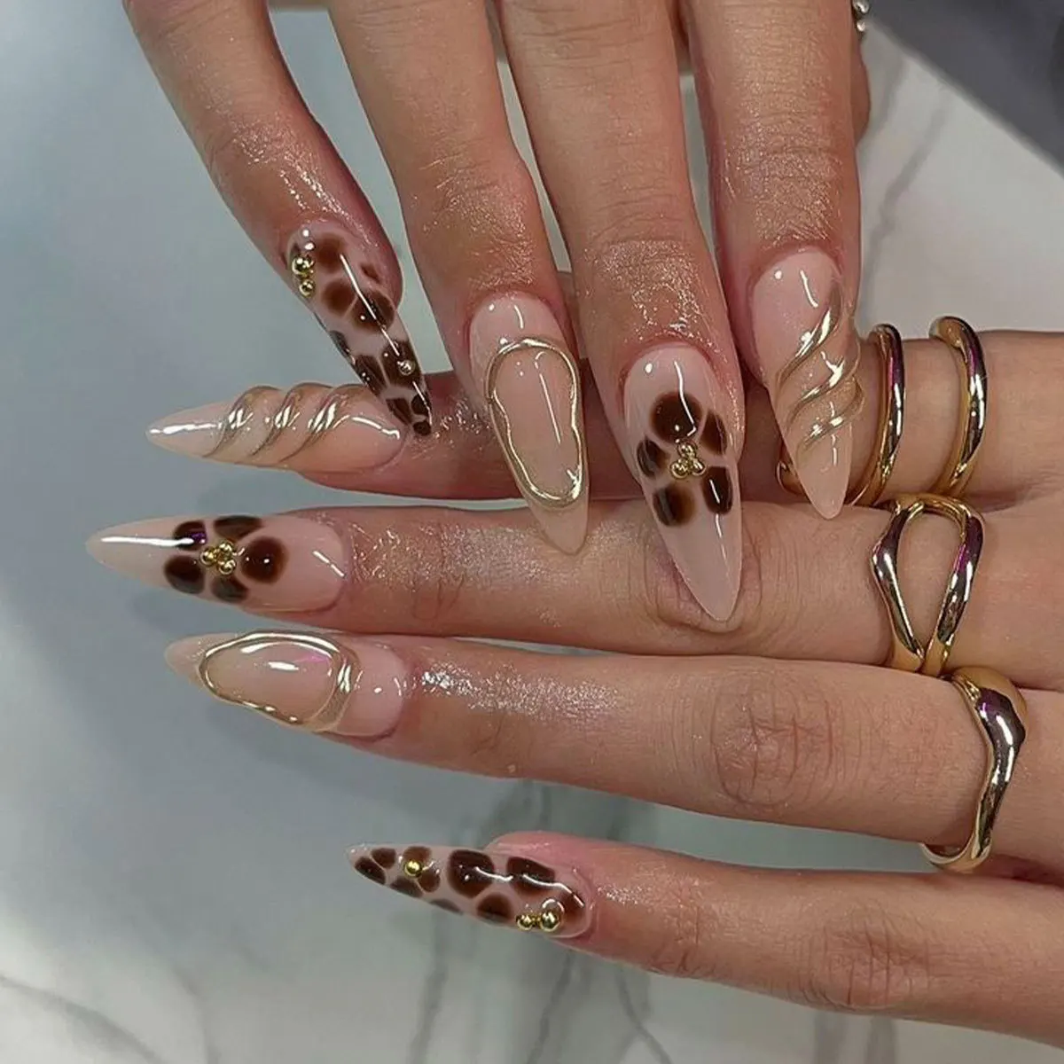 

24Pcs Mid-length Almond Fake Nails Leopard Print Flower Design False Nails Press on 3D Stripes Detachable Full Cover Nails Tips