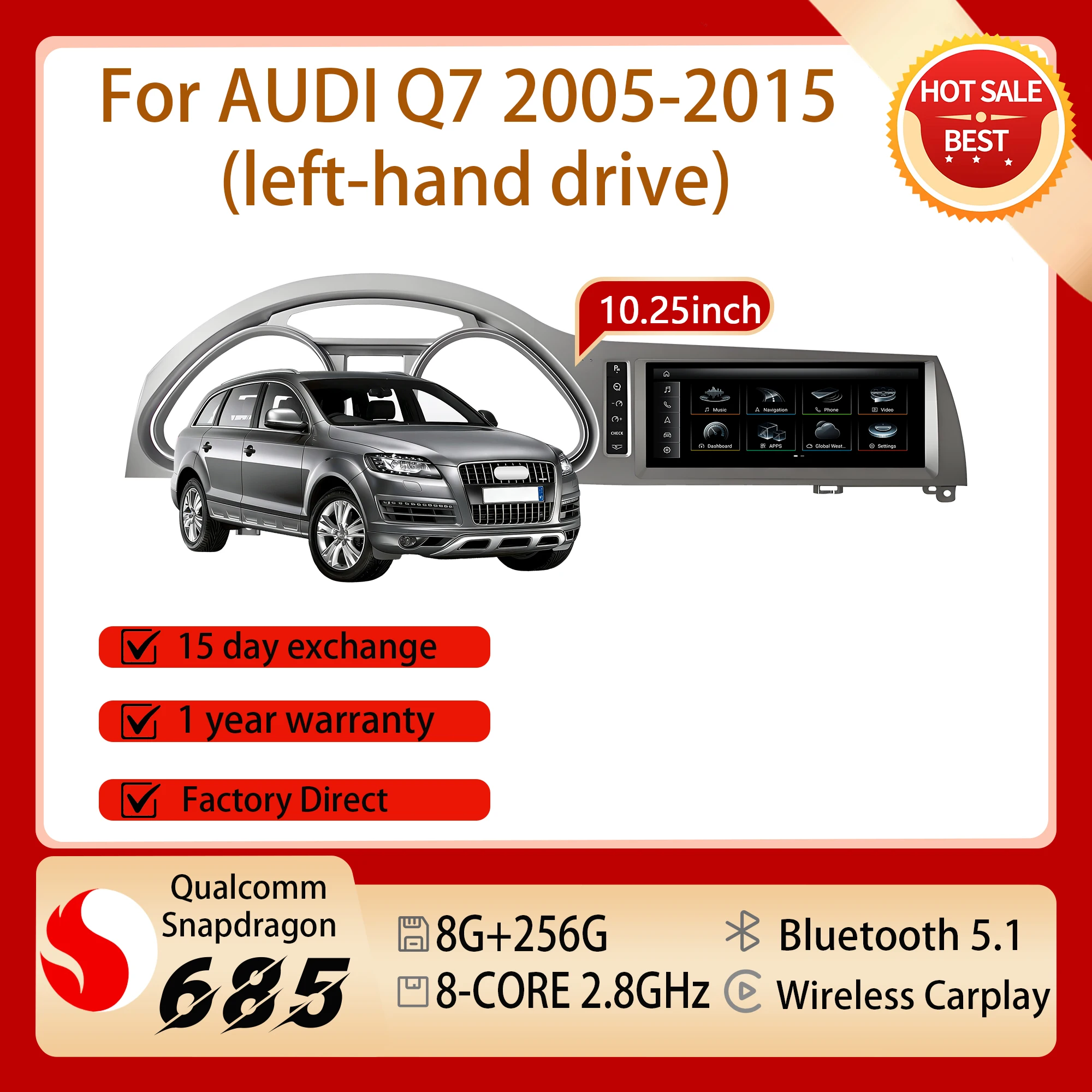 10.25 inch Carplay Wireless GPS Navigation For AUDI Q7 2005-2015 Snapdragon 685 Android 14 Touch Screen Car Radio Multimedia BT