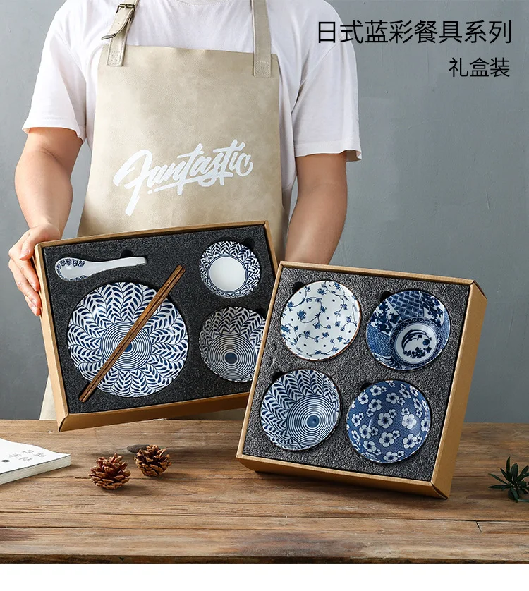 HYS Japanese Ceramic Gift Bowl Set Bowls and Plates Single-Serving Tableware Gift Box Bowls and Chopsticks Souvenir Blue