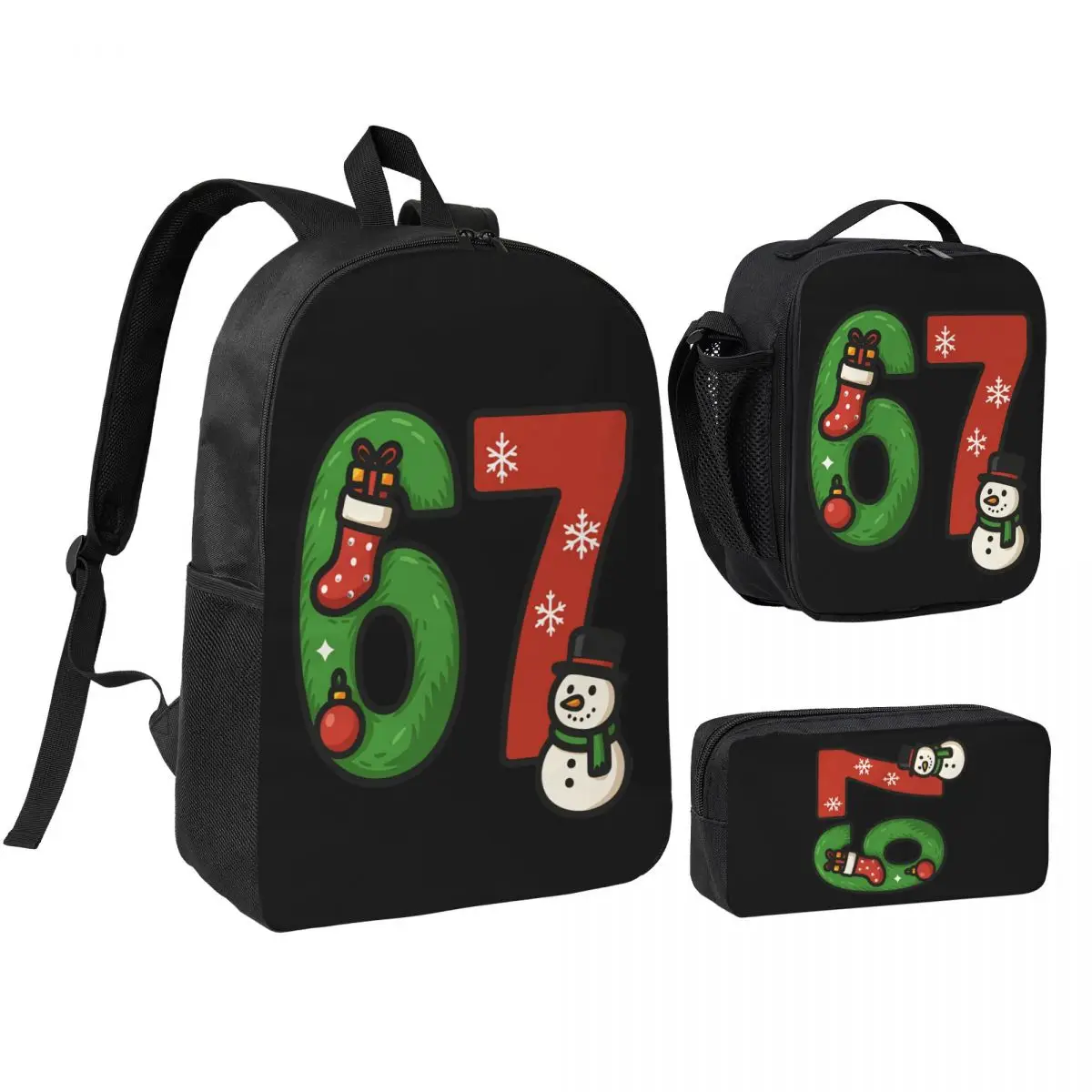 3pecs/set Christmas Number 67 Xmas Lights Santa Backpack for Teenage Six Seven High School Daypack Lunch bag Pencil Case