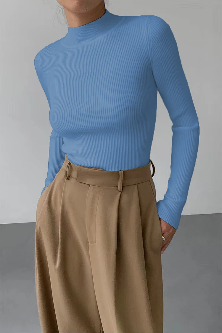 Women's Sweater Mock Neck Solid Ribbed Long Sleeve Slim Pullover Knit Sweater