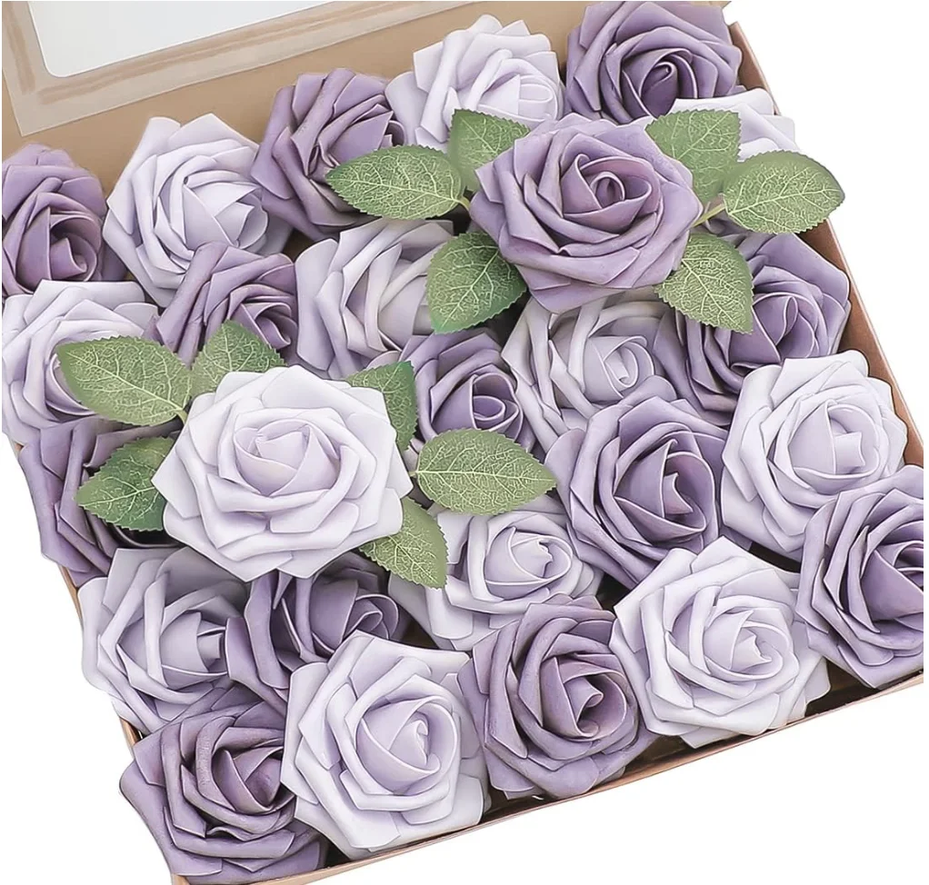 Artificial Flowers 25pcs Real Looking Lavender African Violet Purple Foam Fake Roses with Stems for DIY Wedding Bouquets Bridal