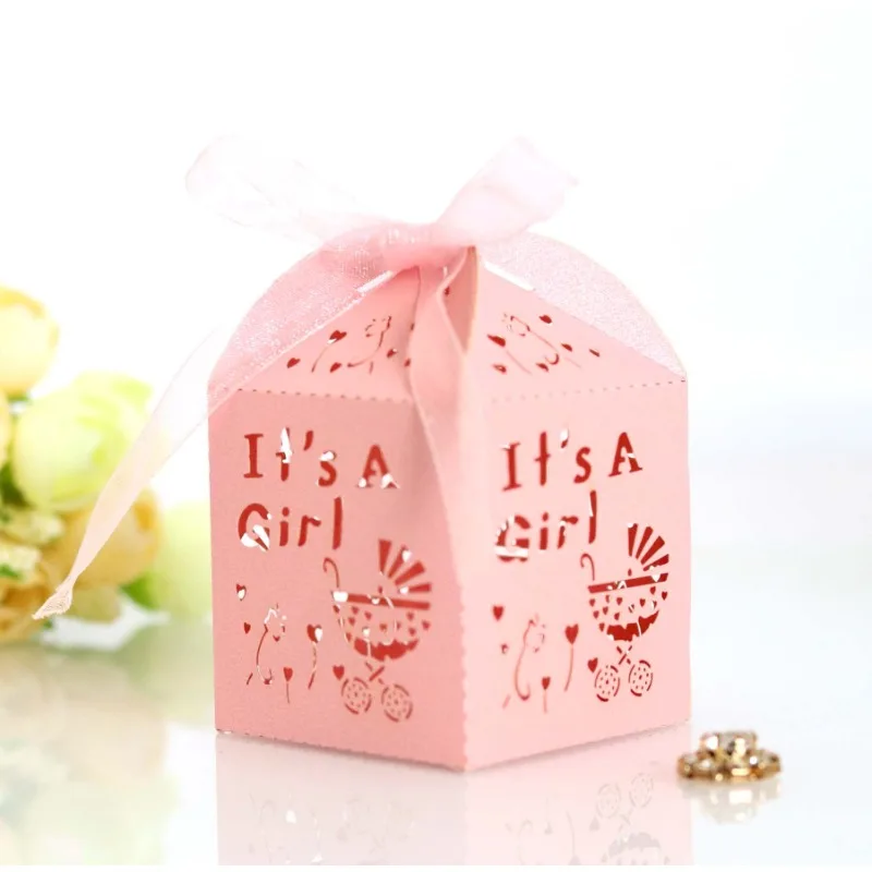 50pcs Stroller Candy Box for Baby Shower Girl Decoration Paper Treat Goodies Bag Favor Gift Boxes Gender Reveal Party Supplies