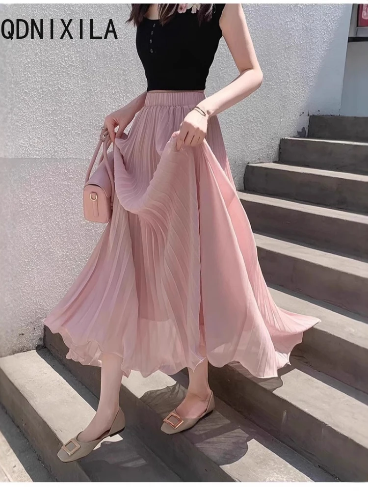 

Summer Long Skirt Women's New Crimping Covers Hips Slimming Sagging Chiffon Skirts Fashion High Waist Women Pleated Skirt
