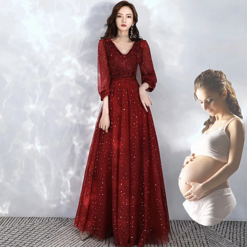 New Long Formal V-Neck Beading Evening Dresses DongCMY Burgundy Bandage Plus Size Sequin Elegant Mother of Dresses