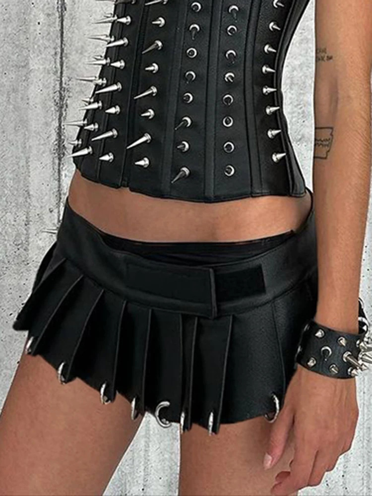 Weekeep Sexy Super Short Leather Skirt Punk Style Metal Ring Patchwork Low Rise Mini Pleated Skirts Women Gothic Fashion Outfits