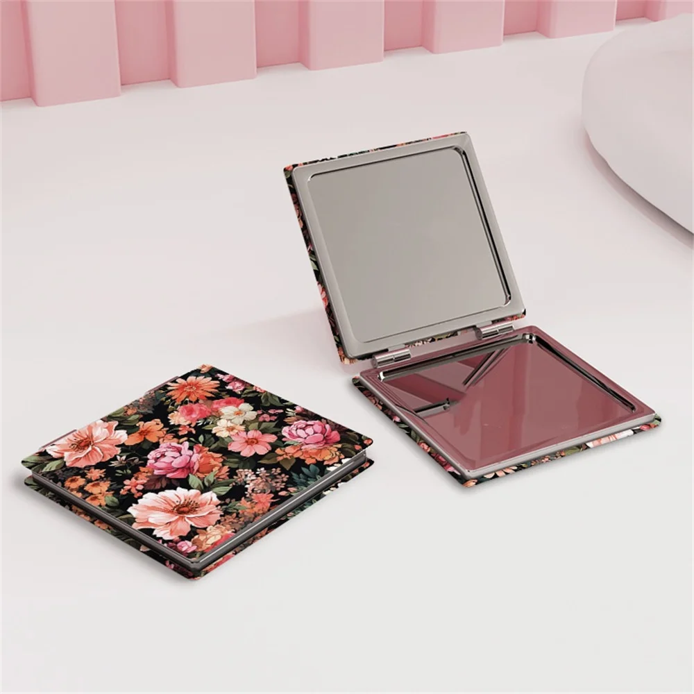 Espejo de maquillaje con estampado de flores, espejo cosmético plegable de cuero PU, Mini espejos portátiles de doble cara, herramientas de maquillaje de bolsillo para mujer