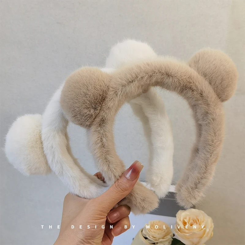 Plush Headband Cute Bear Ear Hariy Headhoop Women Spa Face Wash Anti -sliding Hair Holder Girls Cartoon Head Hoop Hairband Hoops