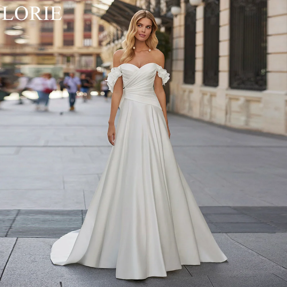 LORIE Elegant Sweetheart Satin Wedding Dresses Off Shoulder Bow Draped Ruffles A-Line 2024 Floral Sleeves Fabulous Bride Gowns