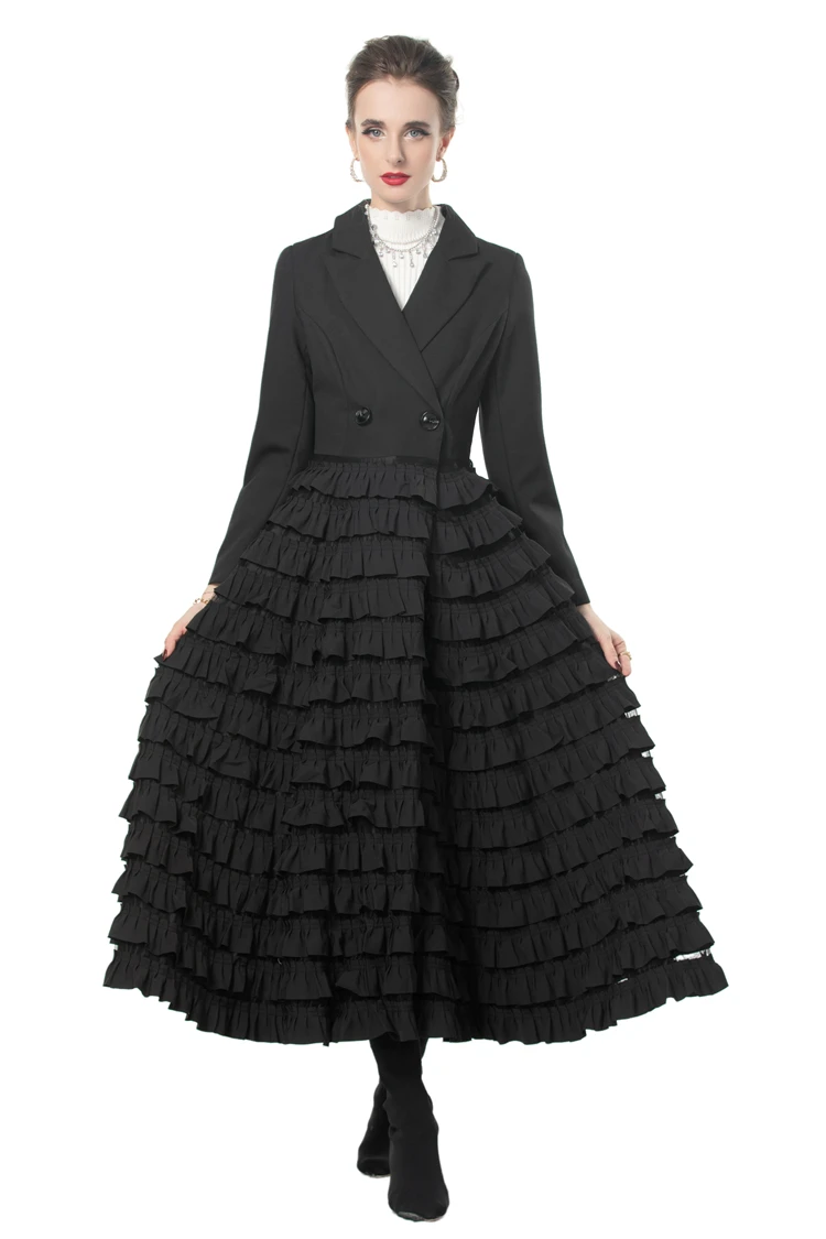 Vestidos trench femininos gola entalhada mangas compridas em camadas babados retalhos elegante moda vestido outerwear casaco