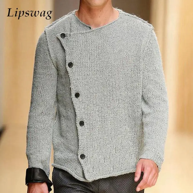 

Knitted Skew Collar Buttoned Cardigan Mens Sweater Fashion Irregular Breasted Design Sweaters Coat Men Clothes Autumn Streetwear