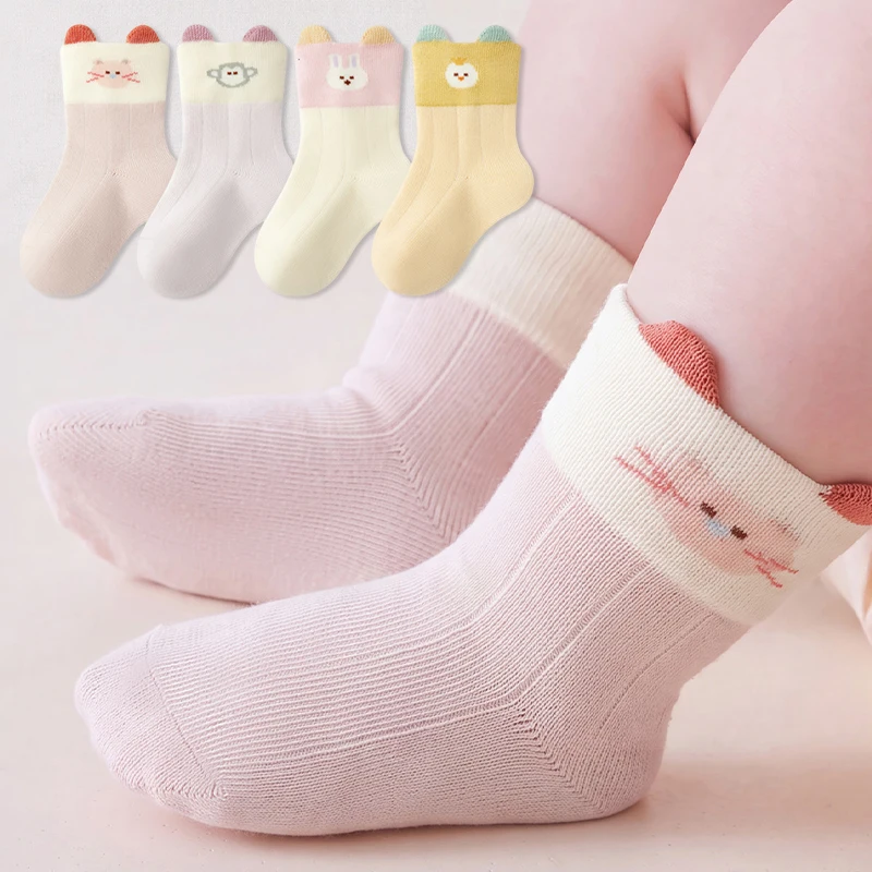4 Pairs Cotton Newborn Socks Cartoon Embroidery Mid Calf Baby Girls Socks Soft Elastic Child Boys Socks for Toddlers