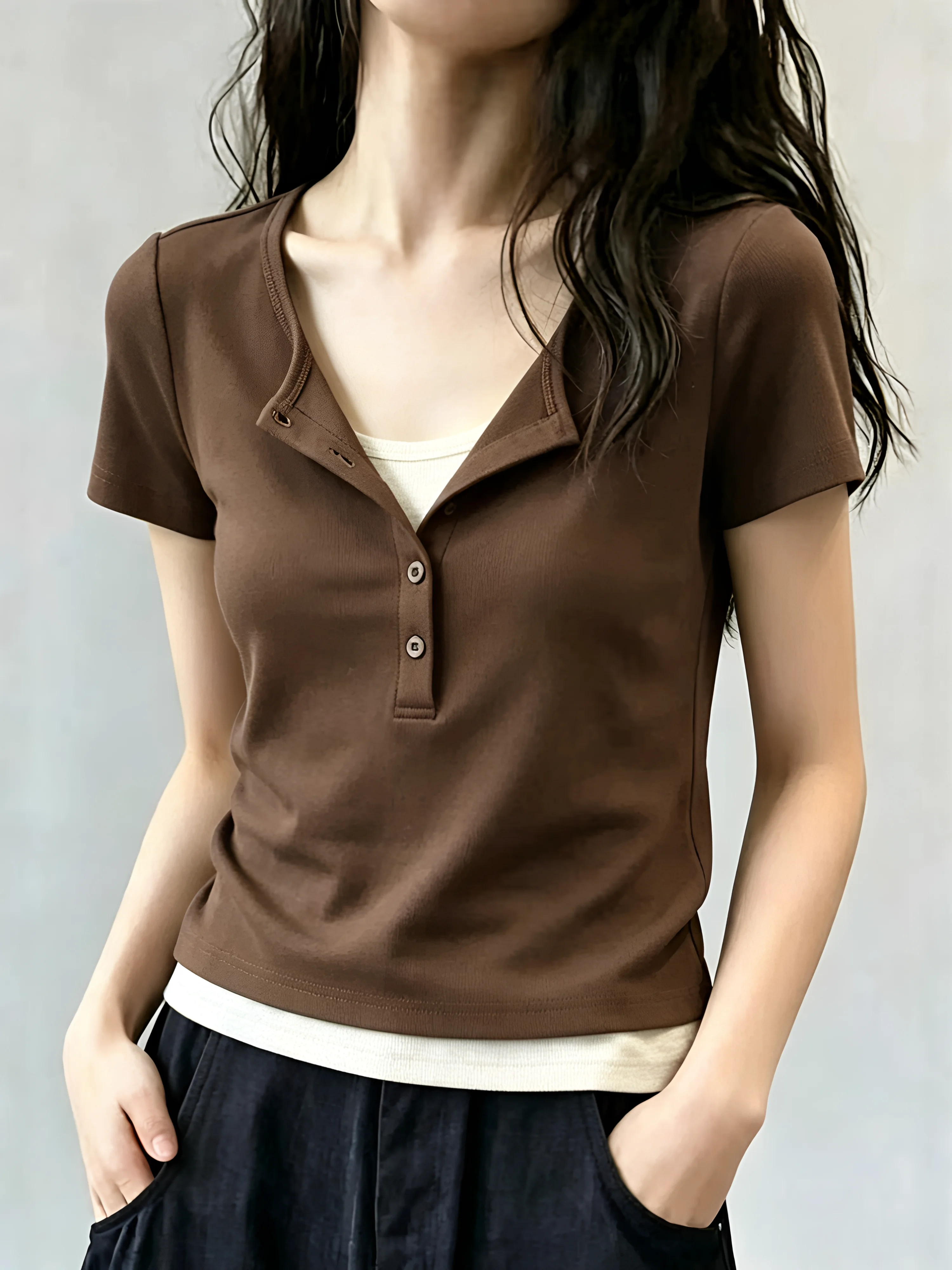 Summer Short Sleeve T-Shirt 95 Cotton Henry Collar Women's Fashion Casual Breathable Sweatshirt Large Size plus Size