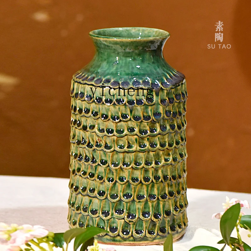 DSA plain pottery handmade fish lin jadeite ceramic vase ornament, high-end light luxury flower utensils