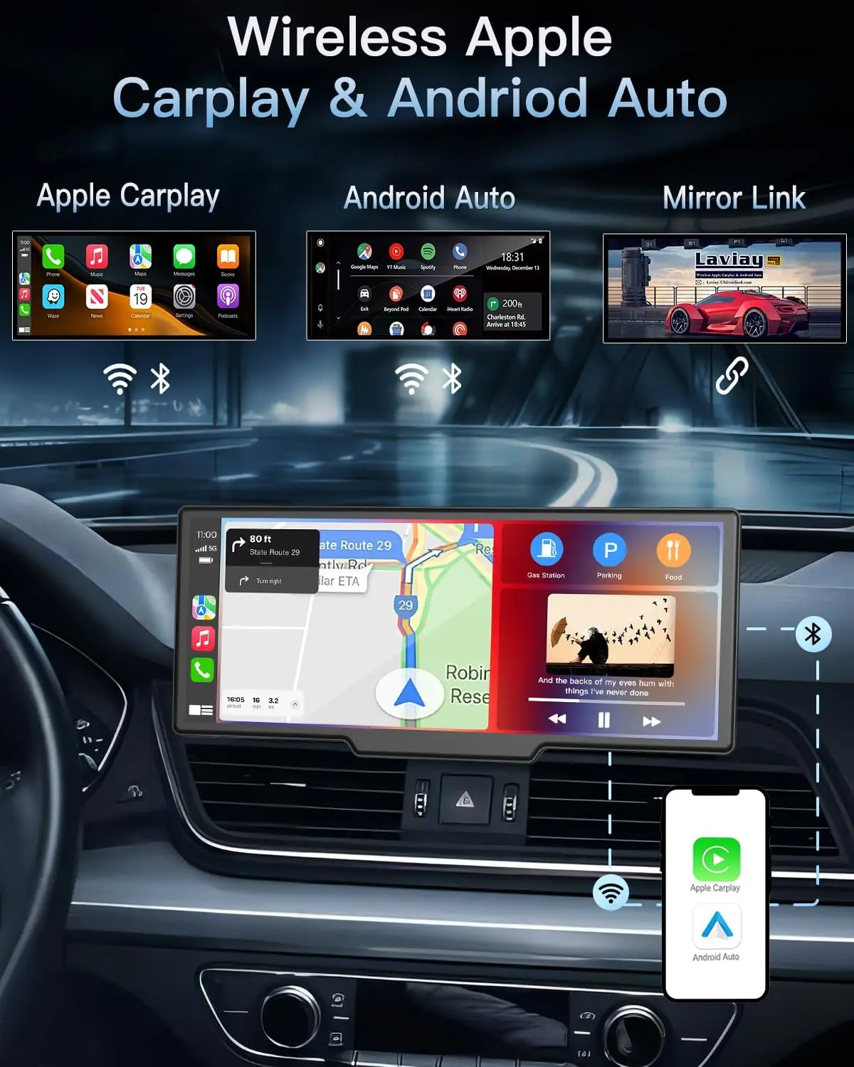 Srnubi 7/10,26 Zoll kabelloser Carplay-Bildschirm für Auto, Android Auto Dash Cam 4K Auto DVR, 1080P Rückfahrkamera, Navigationsvideorecorder, AUX – Detail 3
