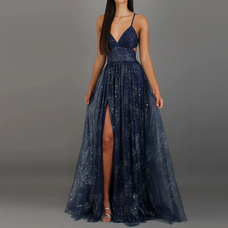 فستان صيفي كاجوال شبكي مطوي بتصميم بسيط، تنورة طويلة نسائية لامعة بخصر مرتفع، فستان حفلات مثير بياقة على شكل V وظهر مكشوف