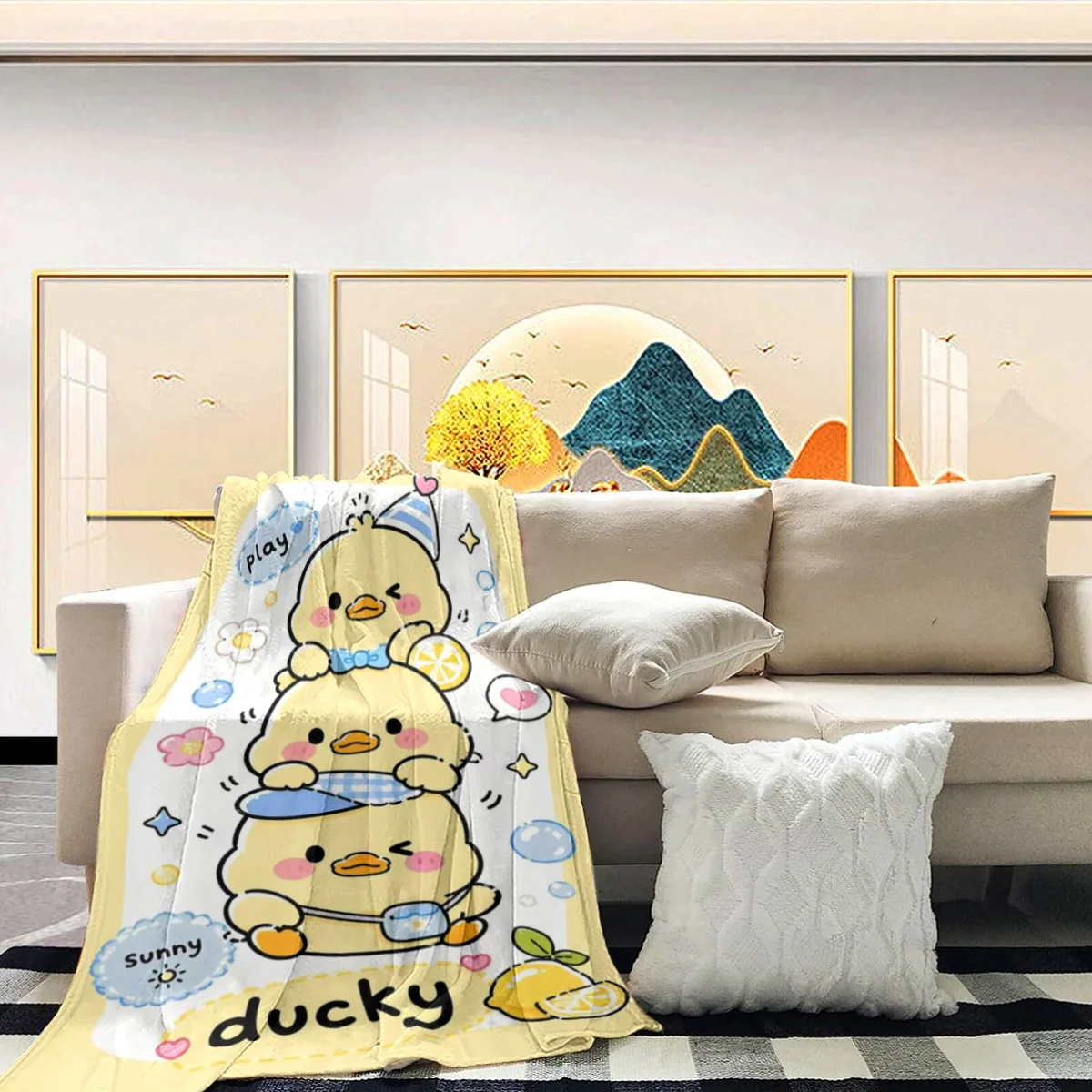 Adorable Cartoon Duck Family Throw Blanket for Nursery Baby Kids Room Decor Soft Playtime Cozy Quilt 150x200cm