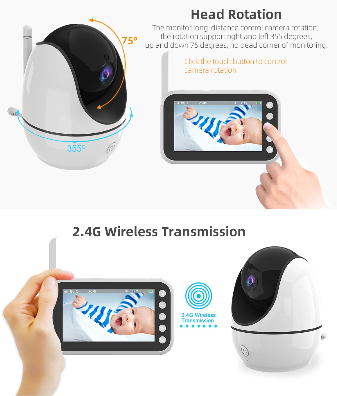 Nieuwe Babyfoon Camera 4.5 Inch Lcd Ptz Rotatie Ir Nachtzicht 2 Weg Audio Temperatuursensor 8 Slaapliedjes Vox voeden ABM200